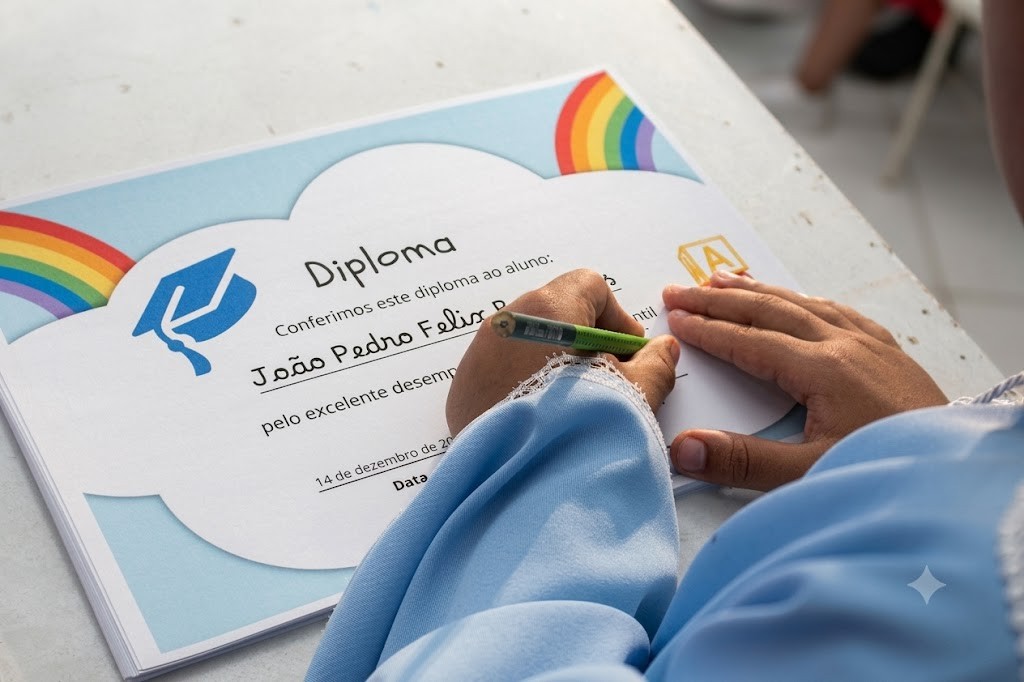 Aluno da CRELEM recebendo e assinando seu diploma
